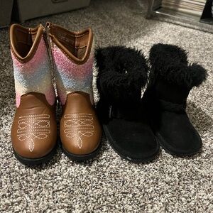 toddler cowboy boots size 7, black furry boots size 5 (fit like size 6)